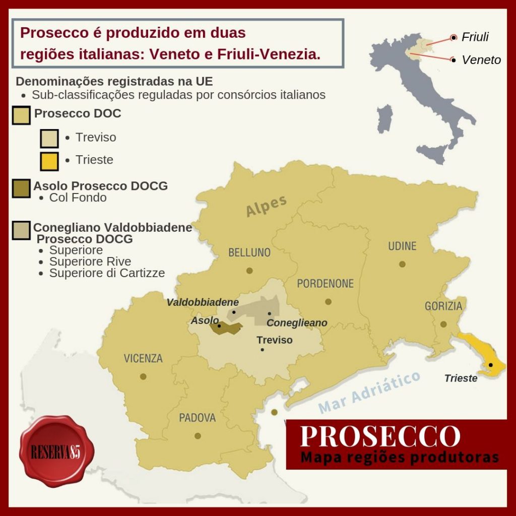 Prosecco mapa regiões produtoras vinho Itália DOC e DOCG
