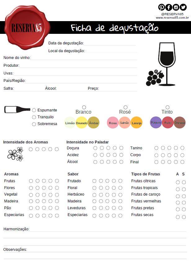 Ficha de degustação de vinhos Reserva85 - Curso de introdução ao mundo do vinho
